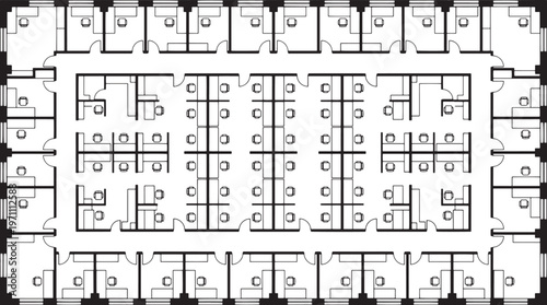 An architectural blueprint of an office, meticulously drawn to showcase its layout and design, offers a glimpse into the spatial organization of a modern workspace.