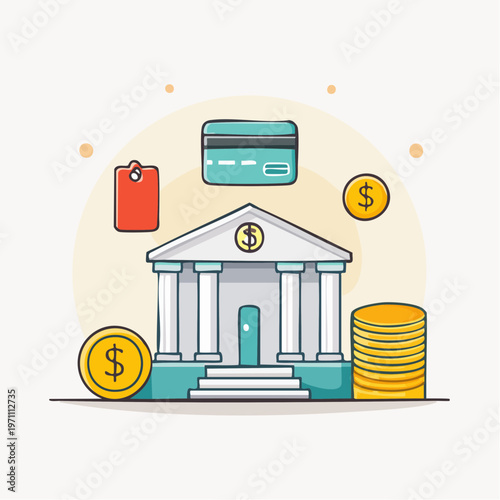 Flat business icon set featuring a vector illustration of a money box with money and finance symbols for web design
