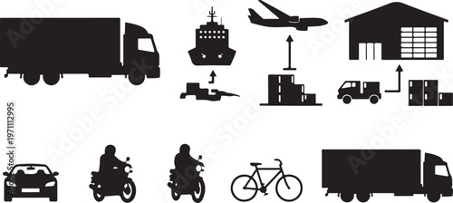 logistics chain truck ship airplane warehouse silhouette set black