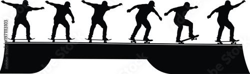 Skateboarder silhouettes performing tricks on ramp isolated on white background, extreme sport action collection for urban, street, and design illustration use