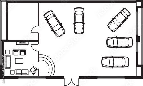 A blueprint of modern design with cars. A top-down view of an architectural blueprint of a modern building with parked cars, sofa set, door and window.