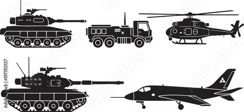  military transport tank army truck helicopter jet silhouette set black design