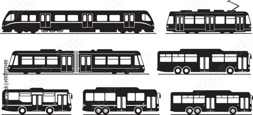 metro city transport train subway tram silhouette set black design