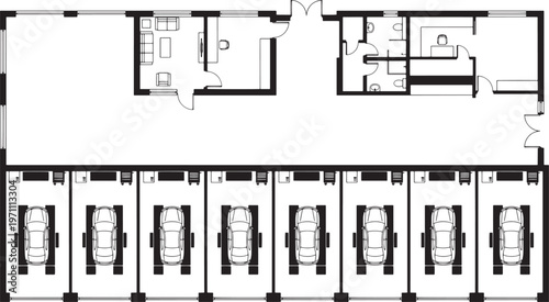 Top view plan: of a car maintenance shop, featuring rows of car bays and interior office spaces. This image would appeal to those seeking visual resources related to the automotive industry, business.