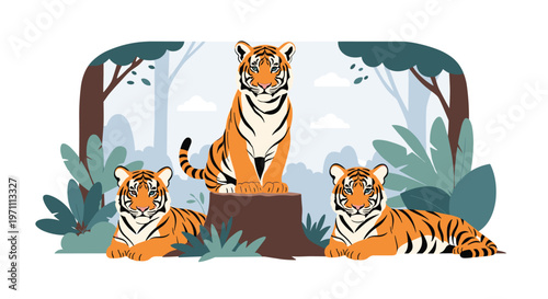 Family of three majestic tigers sitting together in a foggy forest clearing surrounded by lush green foliage.