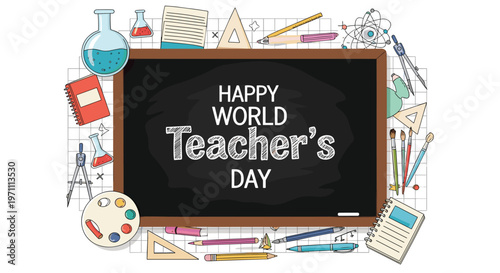 Happy world teachers day message written on a chalkboard surrounded by various school supplies and educational tools on a grid background.