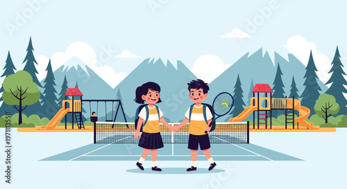 Young boy and girl in school uniforms holding hands on a tennis court with a playground and snowy mountains in the background.