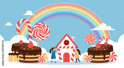 Two young girls building or playing around a whimsical gingerbread house surrounded by giant candies and cakes under a colorful rainbow.