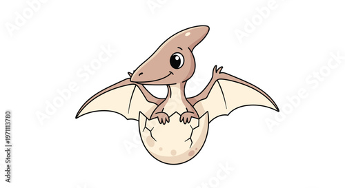 Cute baby pterodactyl dinosaur with large eyes and wide wings hatching from its shell against a clean white background.