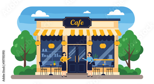 Charming street side cafe with yellow awnings and outdoor seating featuring two women conversing in front of the modern storefront.