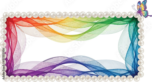 A colorful rainbow frame with pearls and a butterfly on a white background