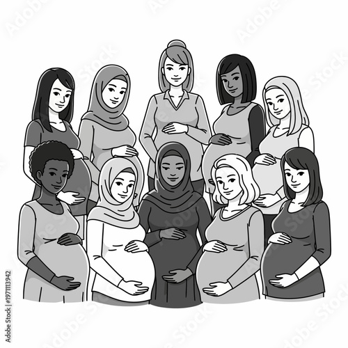 Diverse pregnant women in casual clothes.