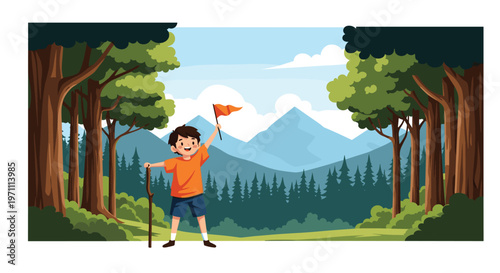 Young boy hiking in a pine forest holding a walking stick and a small orange flag with snowy mountains in the distance.