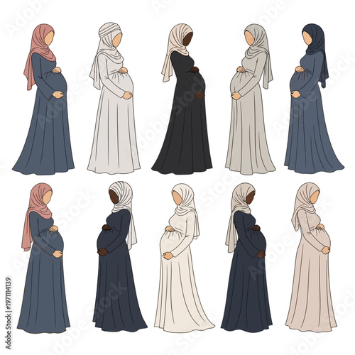 Pregnant Muslim Women in Hijab Clothing.