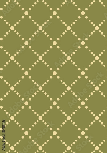 Elegant olive green trellis pattern with cream-colored dots arranged in a repeating grid design