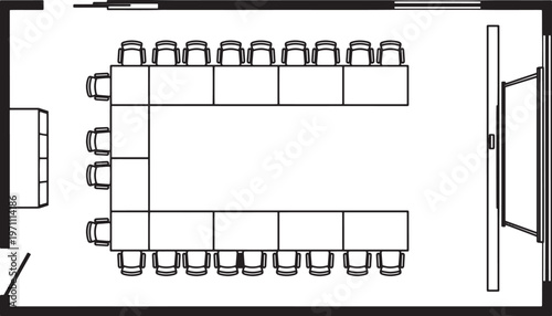 A detailed, monochrome top-down view of a modern conference room, ready for a productive meeting or seminar.