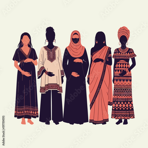 Diverse women in traditional clothing standing.
