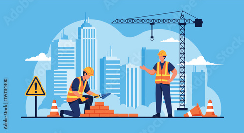 Two construction workers in safety gear building a brick wall at an urban construction site with a city skyline background.