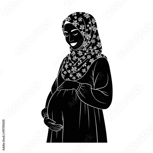 Pregnant woman wearing a headscarf smiling.