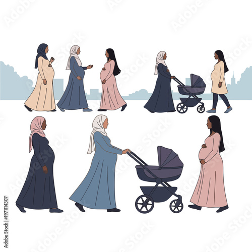 Pregnant Women and Strollers Illustration.