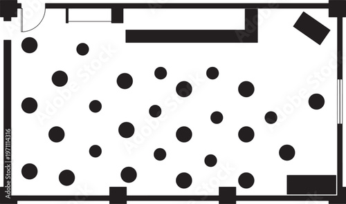 A detailed architectural blueprint depicting the interior layout of a gathering hall or venue. 