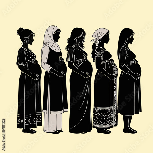 Pregnant women from different cultures standing.