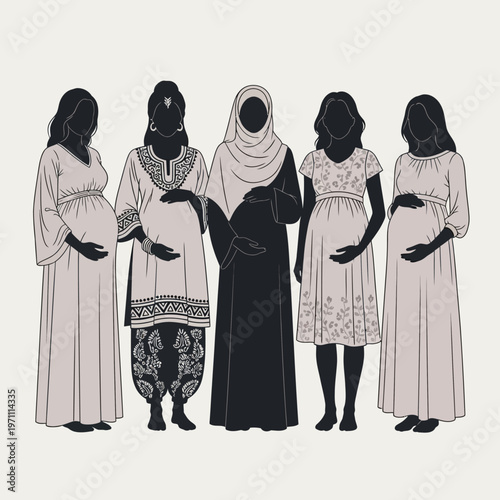Pregnant women in different cultural dresses.