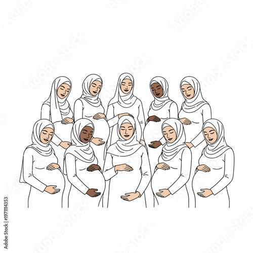 Pregnant women in hijab holding belly.