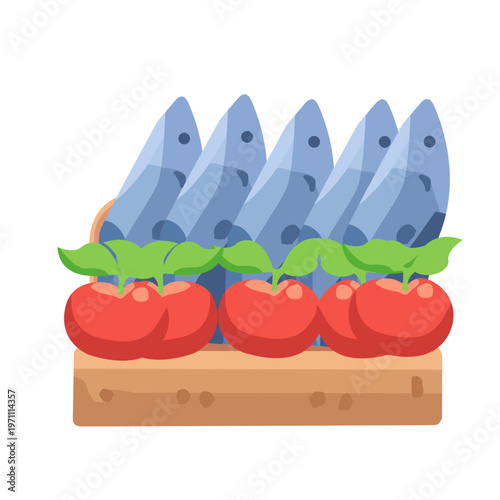 Some raw fish and tomatoes for sale