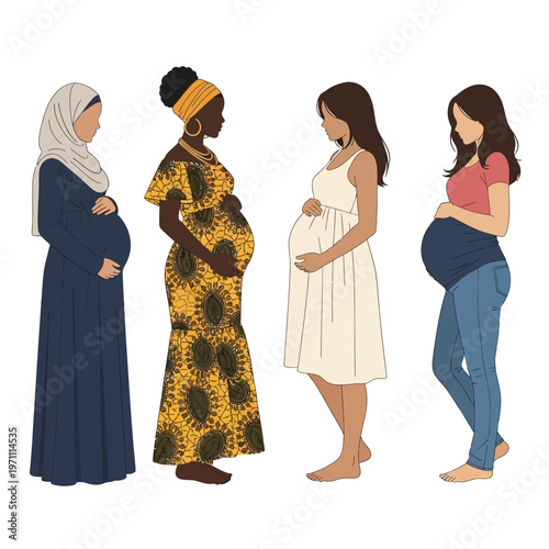 Pregnant women of different ethnicities standing.
