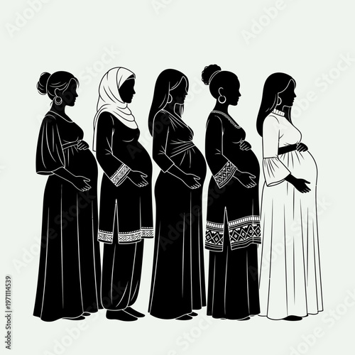 Pregnant women of different ethnicities standing.