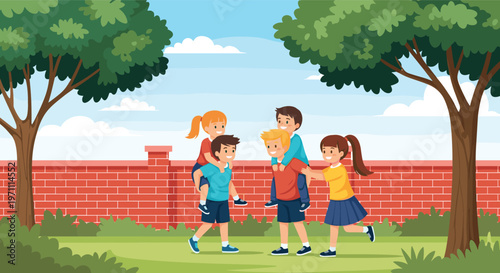 Five happy school children playing piggyback and running together in a park with a red brick wall and lush trees.