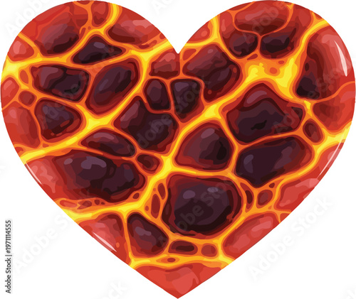A vibrant heart shaped like molten lava with a fiery glow on a white background