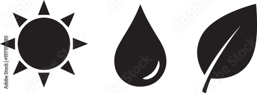 nature icons sun water leaf silhouette set black
