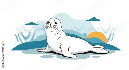 Beautiful white seal resting gracefully on a snowy beach with abstract mountains and a warm sunset in the background.