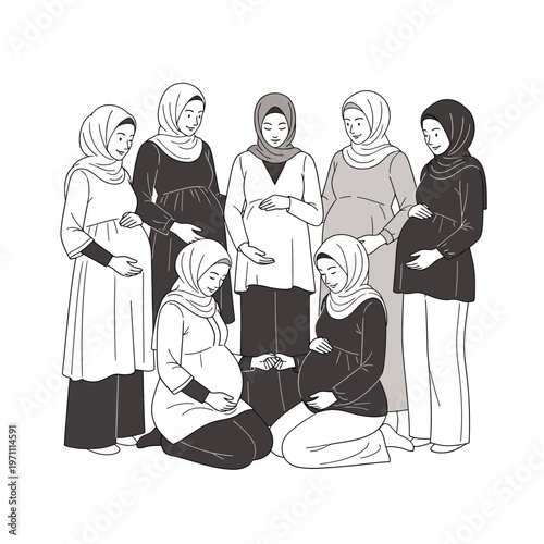 Pregnant women wearing headscarves together.