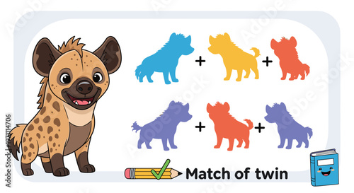 Educational puzzle for children featuring a cute cartoon hyena and various silhouettes to match the twin image.