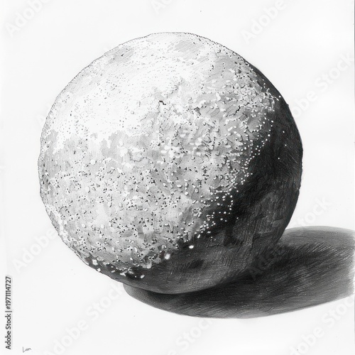 Black and white illustration of a rough textured sphere casting a shadow