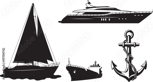 nautical transport sailboat yacht ship anchor silhouette set black design.