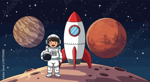 Young astronaut boy standing on a cratered planet surface with a red and white rocket and distant planets in space.