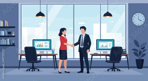 Business man and woman in professional attire shaking hands in a modern bright office with city views through large windows.