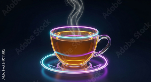 Neon tea cup, glowing cup, steaming hot drink, colorful neon outline, vector illustration