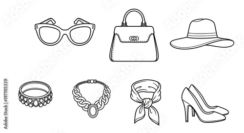 Stylish line art women's fashion accessories set: sunglasses, handbag, hat, necklace, bracelet, scarf, high heels outline