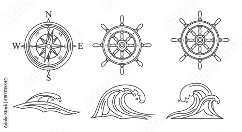 Nautical Marine Icons Set: Vector Line Art of Ship's Wheel, Compass Rose, and Ocean Waves. Maritime Travel & Navigation Symbols.