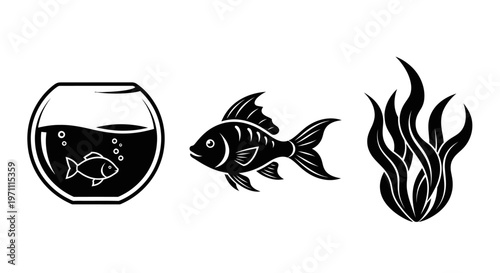 Fish, Fishbowl, and Aquatic Plants Silhouette Icons Set. Underwater Life and Pet Fish Care Vector Elements.
