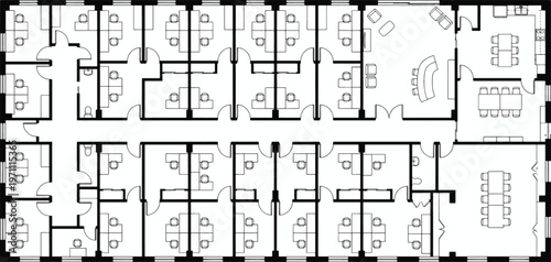An architectural blueprint reveals a detailed office floor plan, showcasing individual workspaces, meeting areas, and a central circulation path.