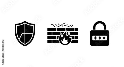 Cybersecurity Icons Set: Shield, Firewall, and Padlock for Data Protection, Network Security, and Digital Privacy