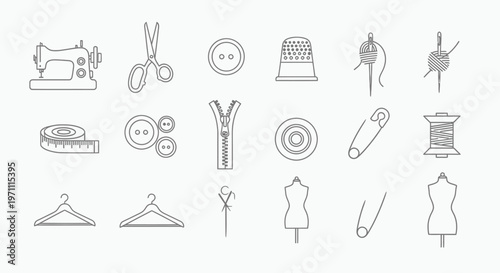 Sewing and Tailoring Tools Icons Set. Fashion Design and Handicraft Equipment Outline Collection. Needlework Supplies Vector.