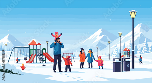Families with children enjoying a beautiful winter day at a snow-covered park with a playground and majestic mountains behind them.