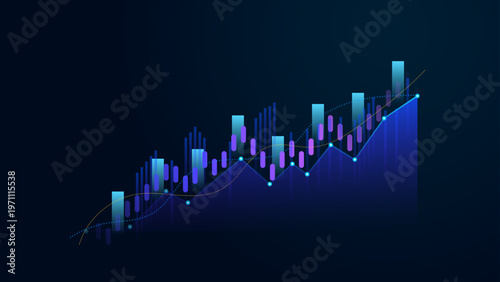 Financial trading data visualization with a bar chart and trend line on a dark blue background. Financial growth, depicting market performance, against a dark background.